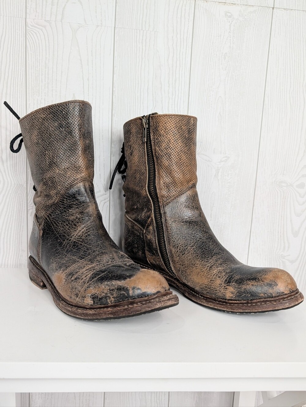 Bed Stu Leather Boots Women's Size 9 with Zipper Purposefully Distressed